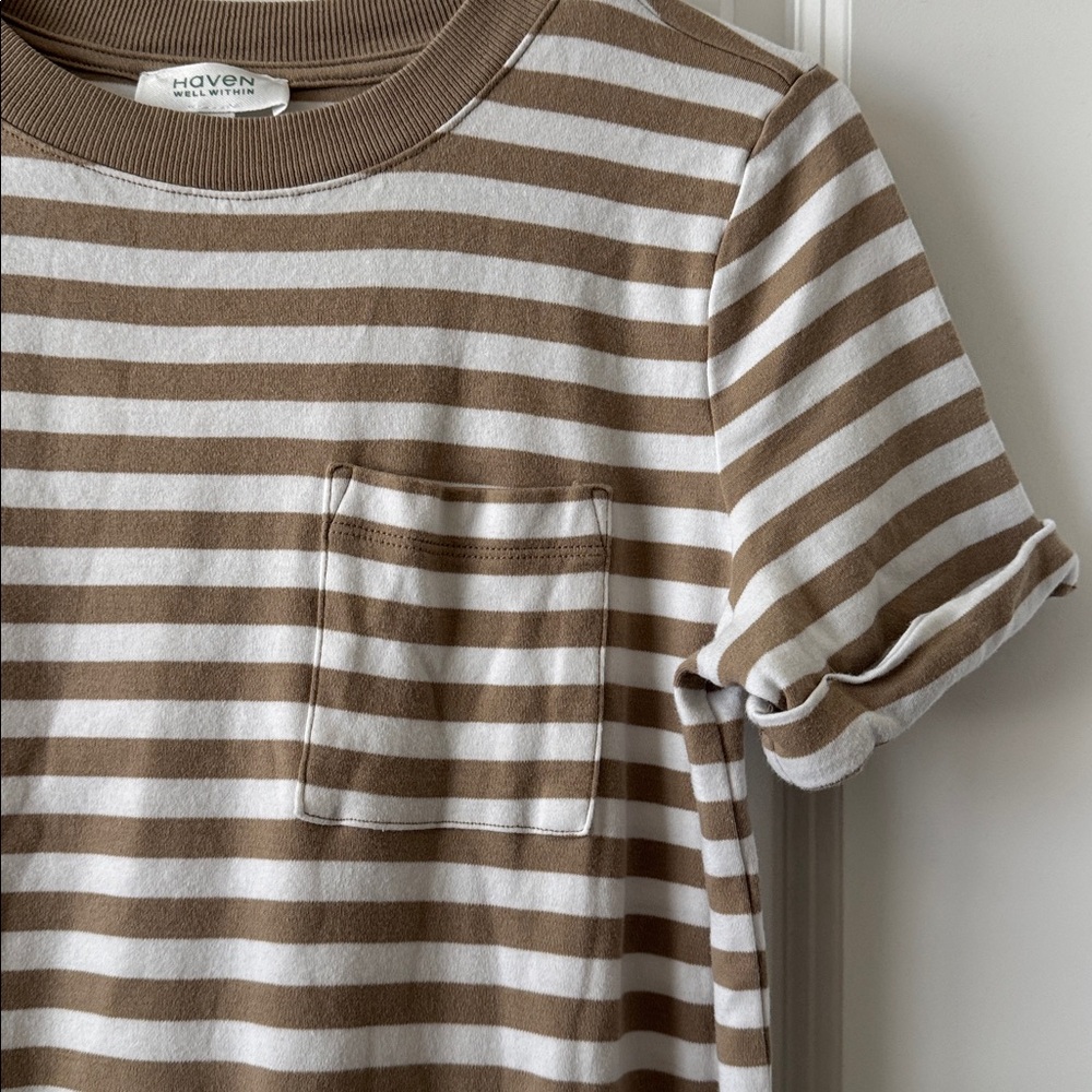 Striped Tan and White T-Shirt Dress - Picture 3 of 5